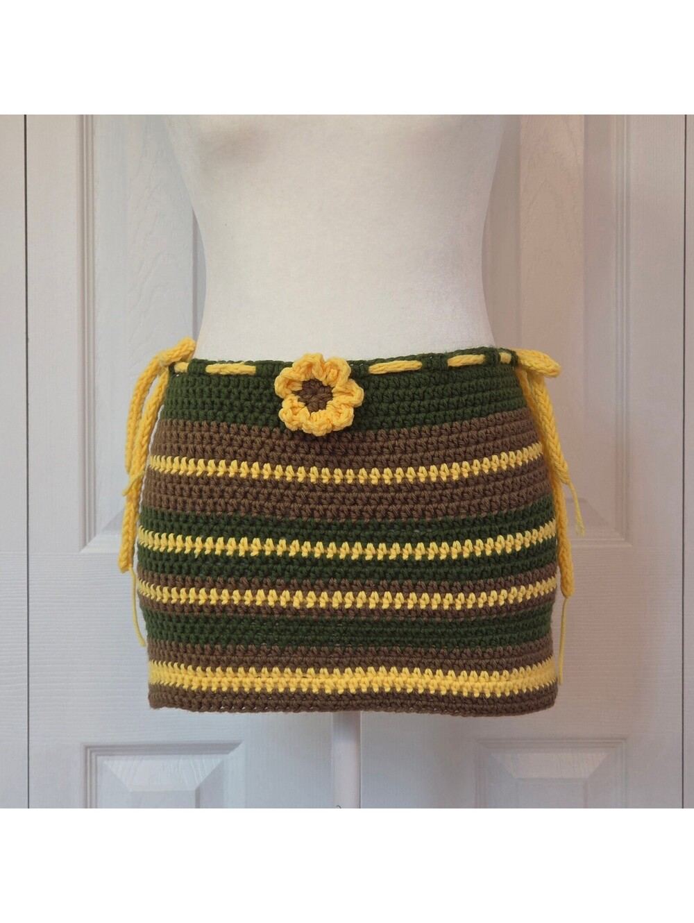 Green & Brown Hand Crochet Sunflower Mini Skirt Y2K Coconut Girl Beach Coverup